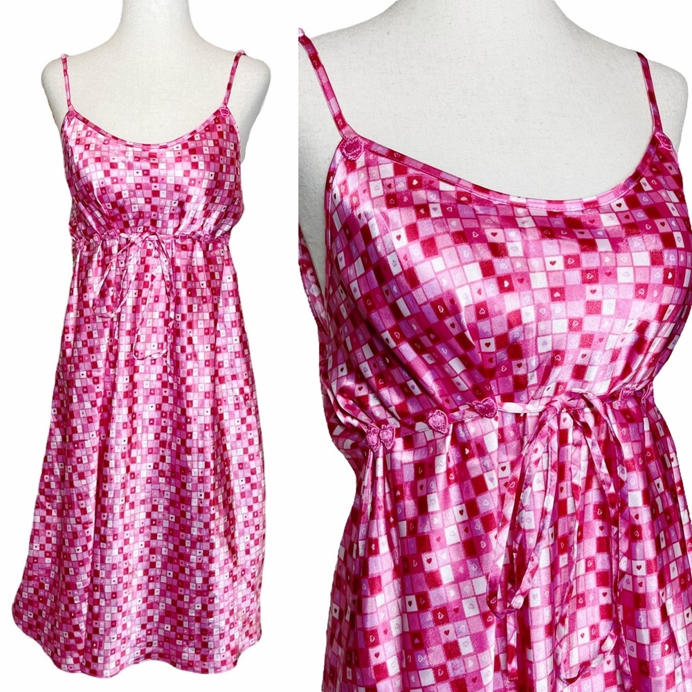 Vintage Y2K Pink Hearts Satin Slip Dress Size XL